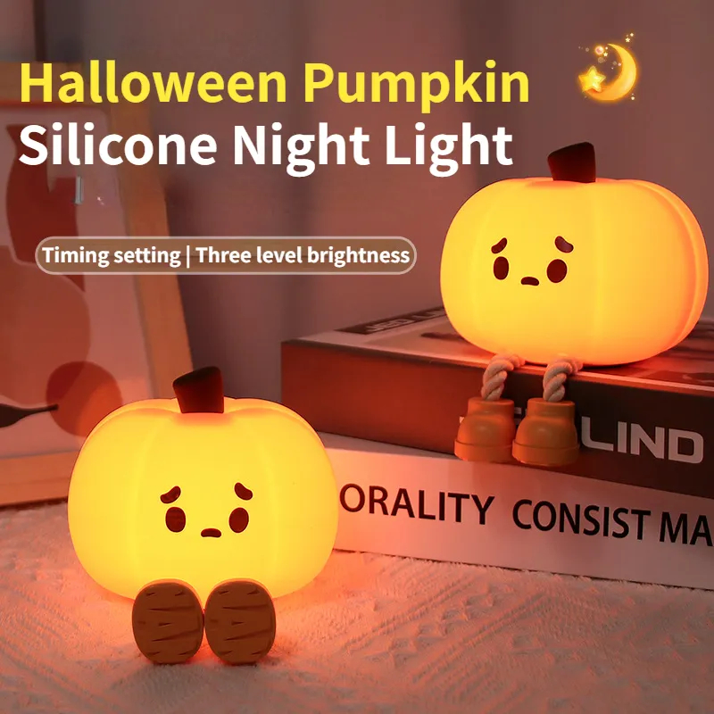 Halloween Pumpkin Night Light – Cute Soft Silicone, Touch Dimmable & Rechargeable